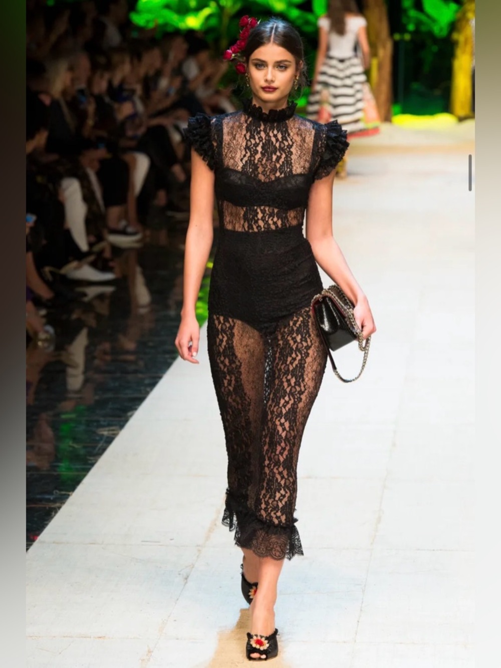 Dolce & Gabbana Black Lace Runway Midi Dress Sheer Elegant Size 44